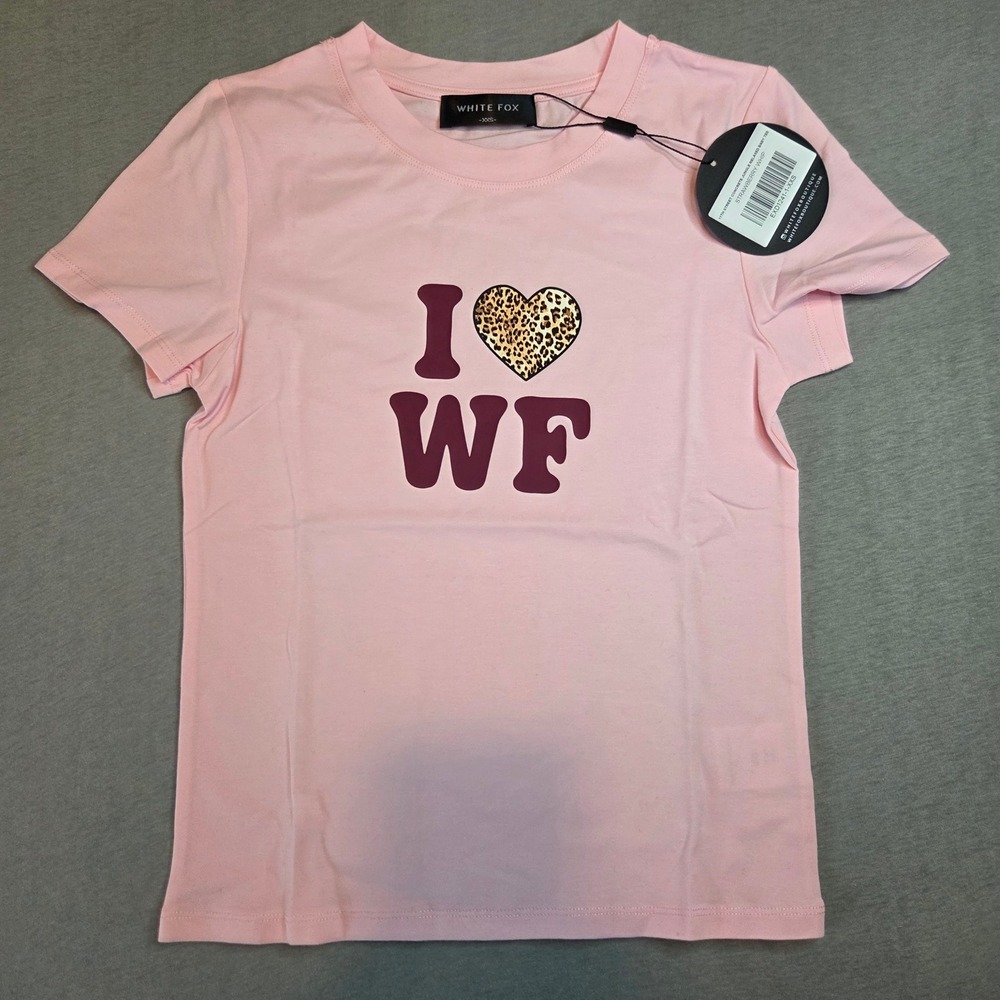 White Fox Strawberry Relaxed Baby Tee XXS Pink Leopard Heart